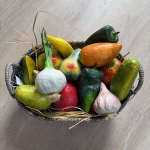 Vintage Paper Mache Fruit And Vegetables Set Of 16 Colorful And Funky + Basket